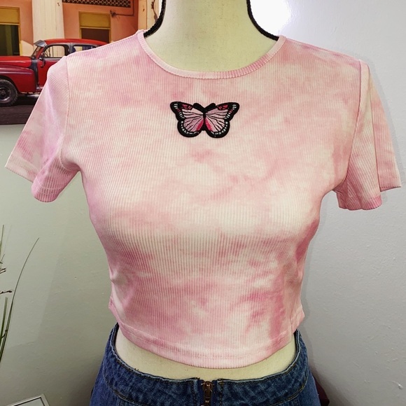Tops - Butterfly Embroidery Tie Dye Crop T